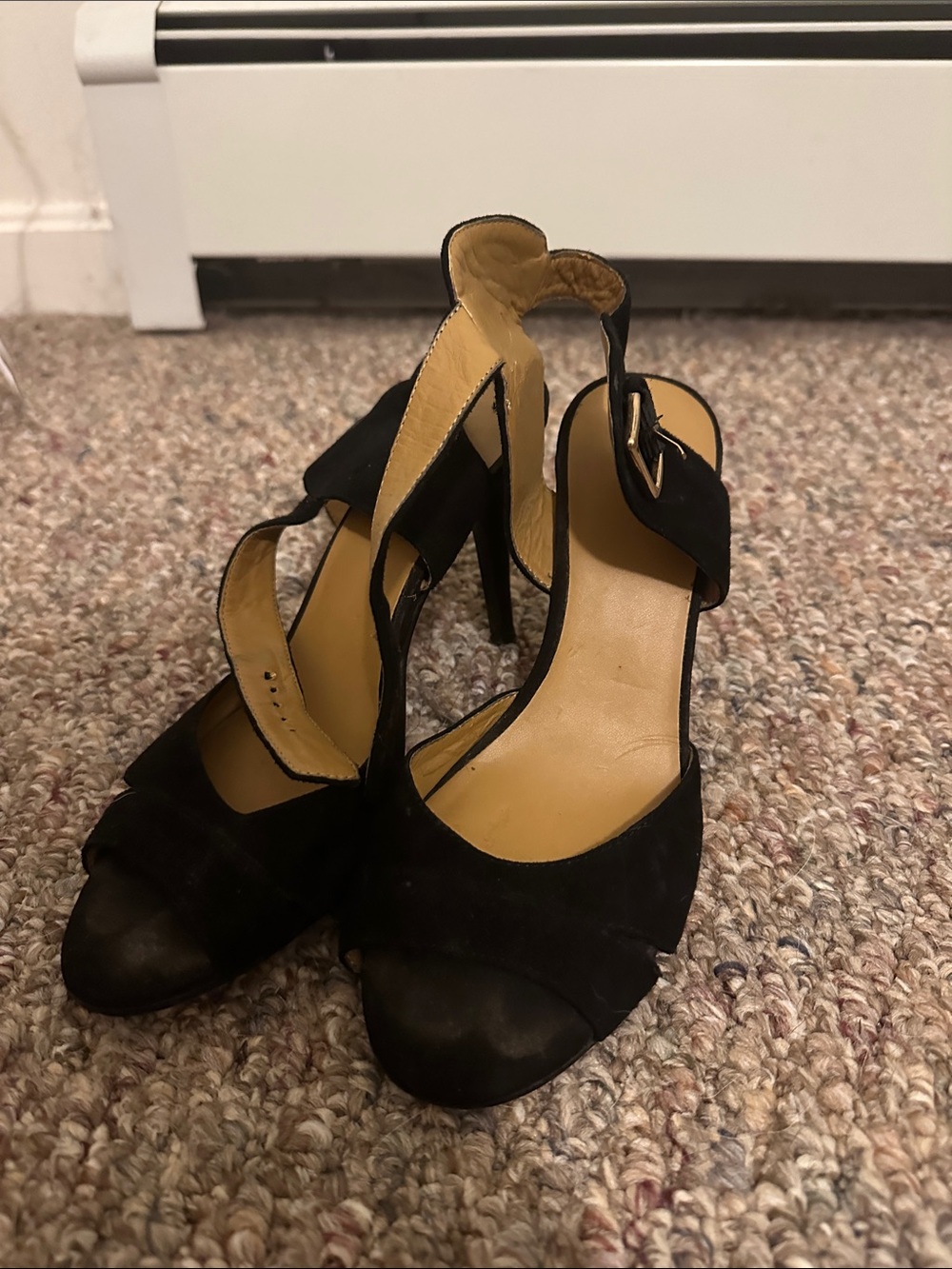 Nine West Black Suede Ankle-Strap Peep-Toe Heels